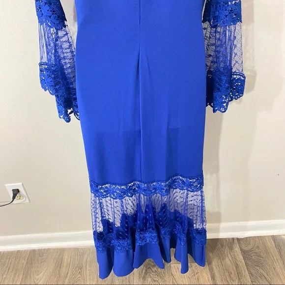 New Bell Sleeve Mesh Fit and Flare Royal Blue Women’s Formal Dress - Picture 6 of 10
